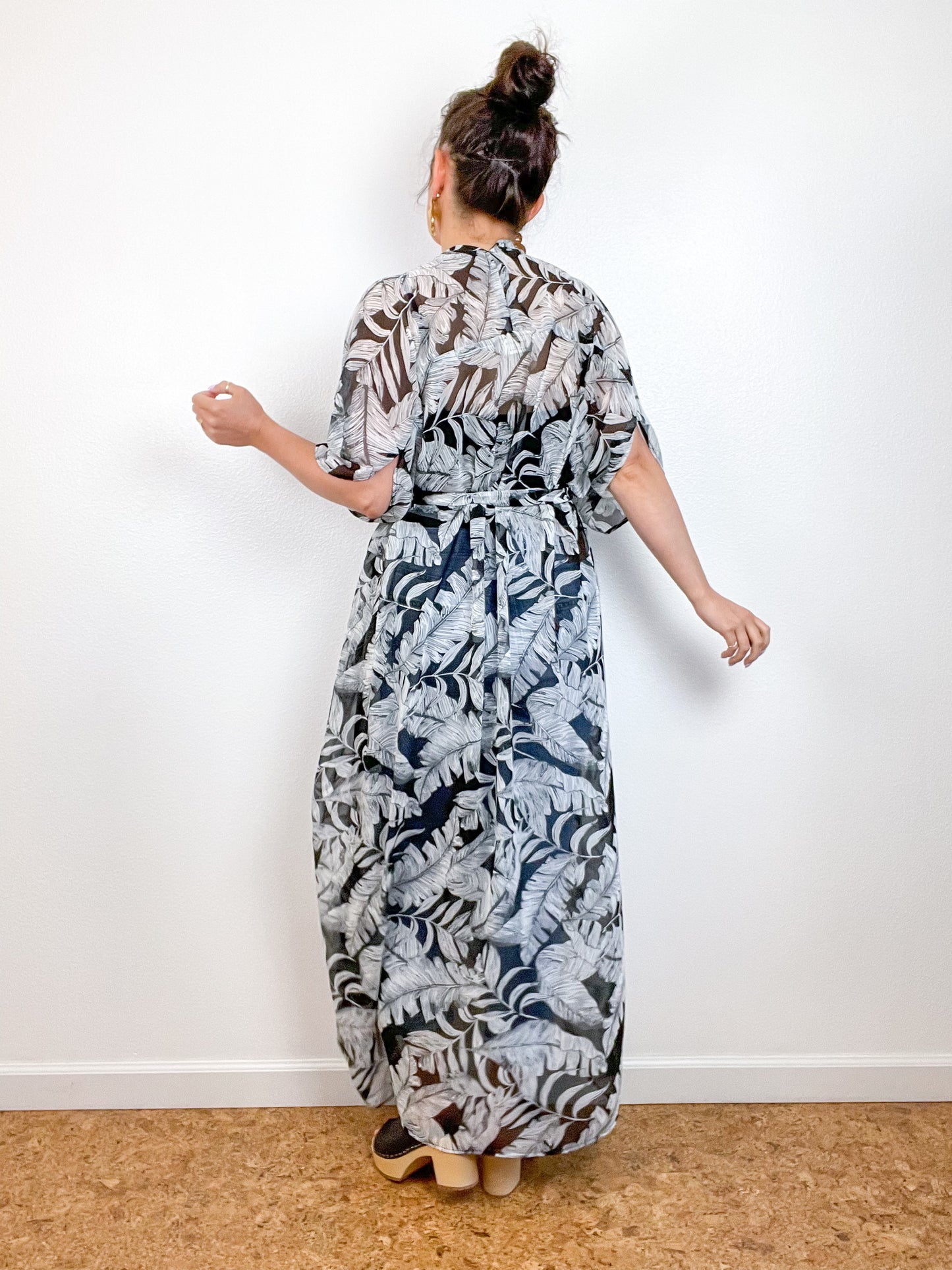 Print High Low Kimono Black Tropical Palms Chiffon