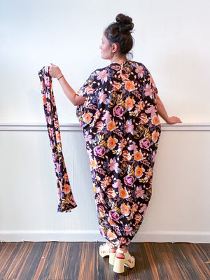 Print High Low Kimono Black Magenta Floral Knit