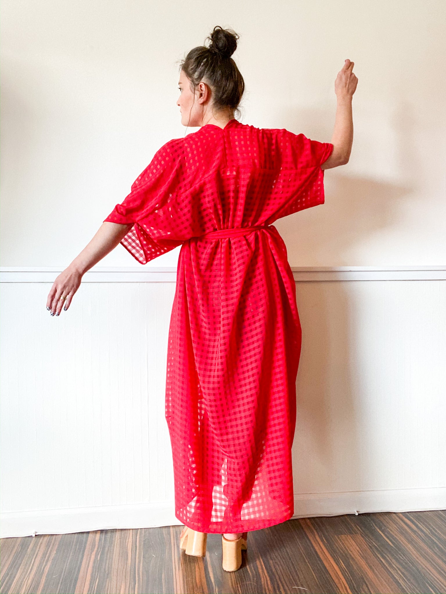 Print High Low Kimono Red Gingham Chiffon