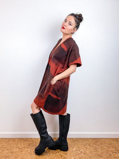 Hand-Dyed Flannel Smock Dress Rust Brushstrokes