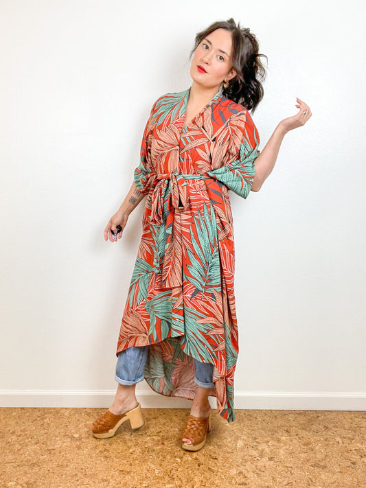 Print High Low Kimono Rust Aqua Palm Leaves Challis