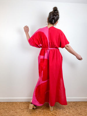 Single Gauze Duster Kimono Scarlet Fuchsia Brushstrokes