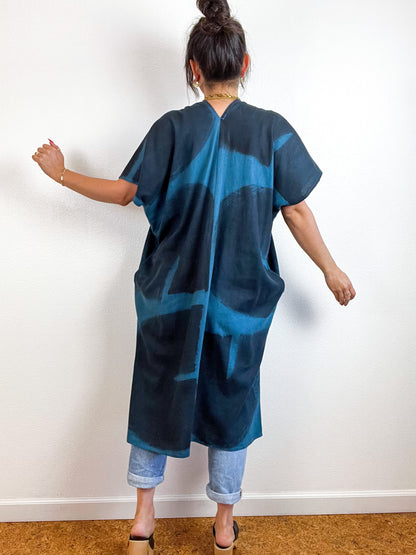 Hand-Dyed Midi Smock Dress Teal Black Brush