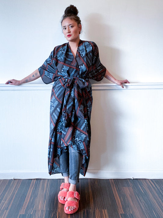 Print High Low Kimono Navy Rust Chevron Crepe de Chine