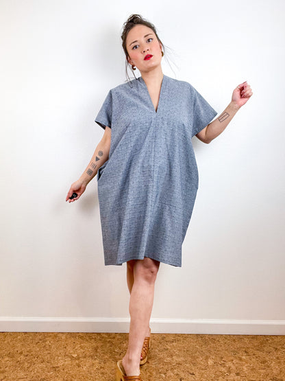 Chambray Smock Dress Grey Embroidered