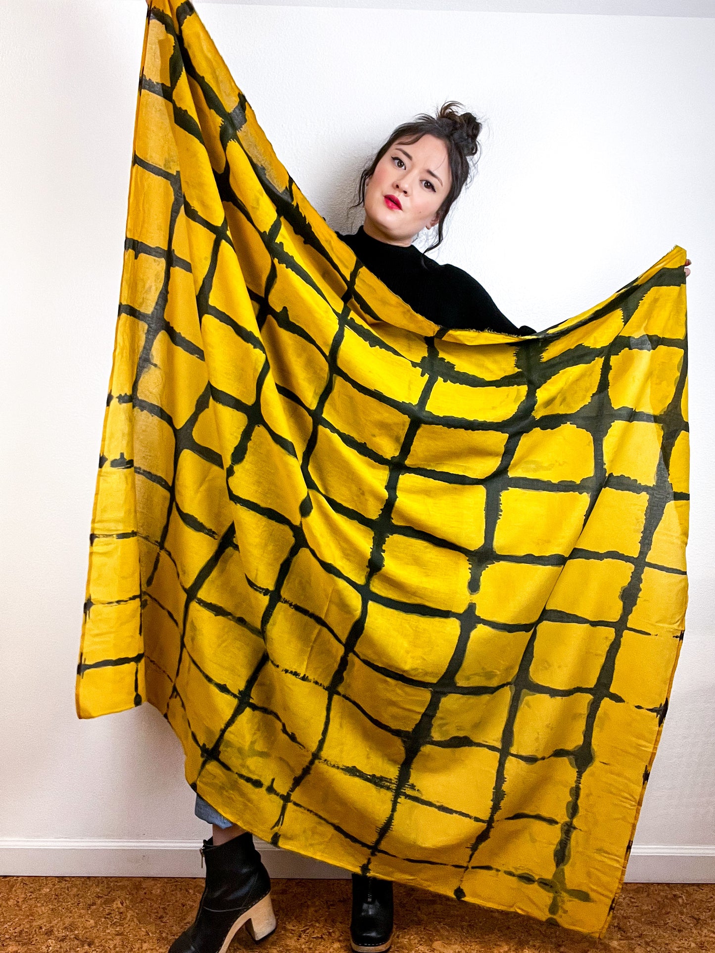 Hand-Dyed Cotton Voile Scarf Marigold Black Windowpane