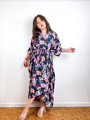 Print High Low Kimono Navy Neon Floral Charmeuse