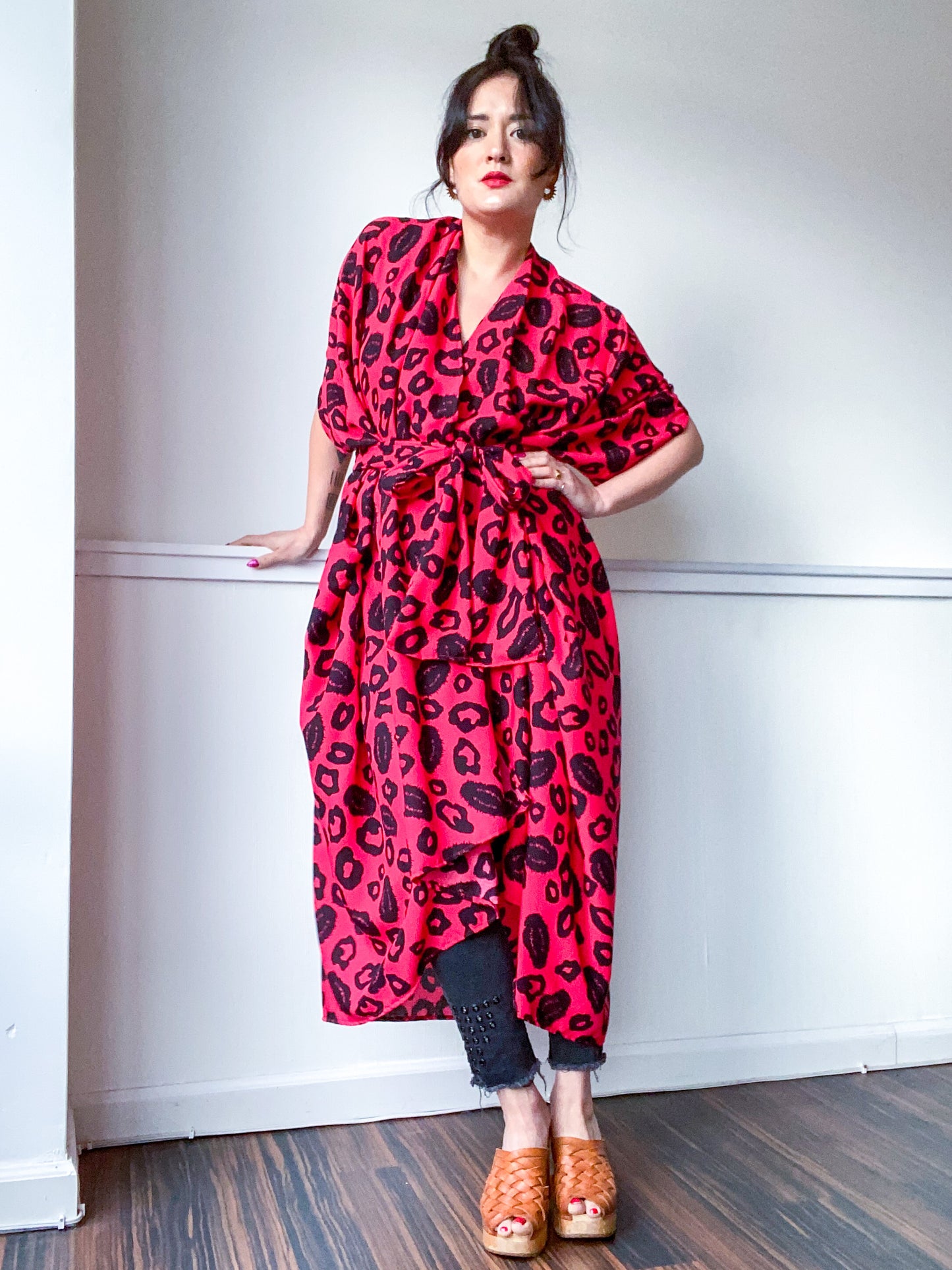 Print High Low Kimono Red Leopard