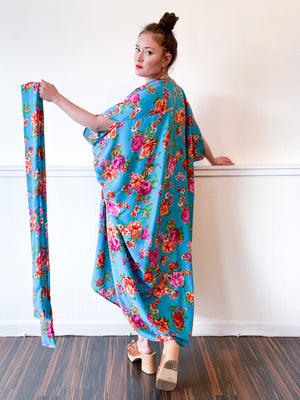 Print High Low Kimono Turquoise Floral Rayon Challis