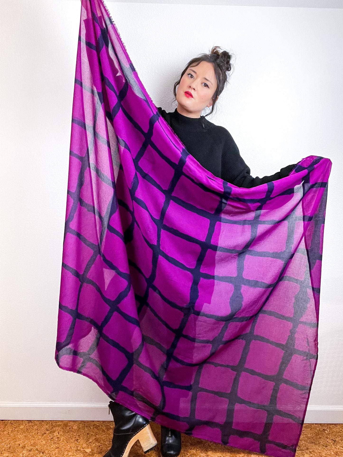 Hand-Dyed Cotton Voile Scarf Violet Black Windowpane