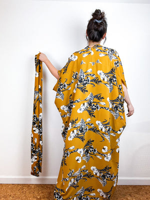 Print High Low Kimono Goldenrod Floral Bubble Crepe