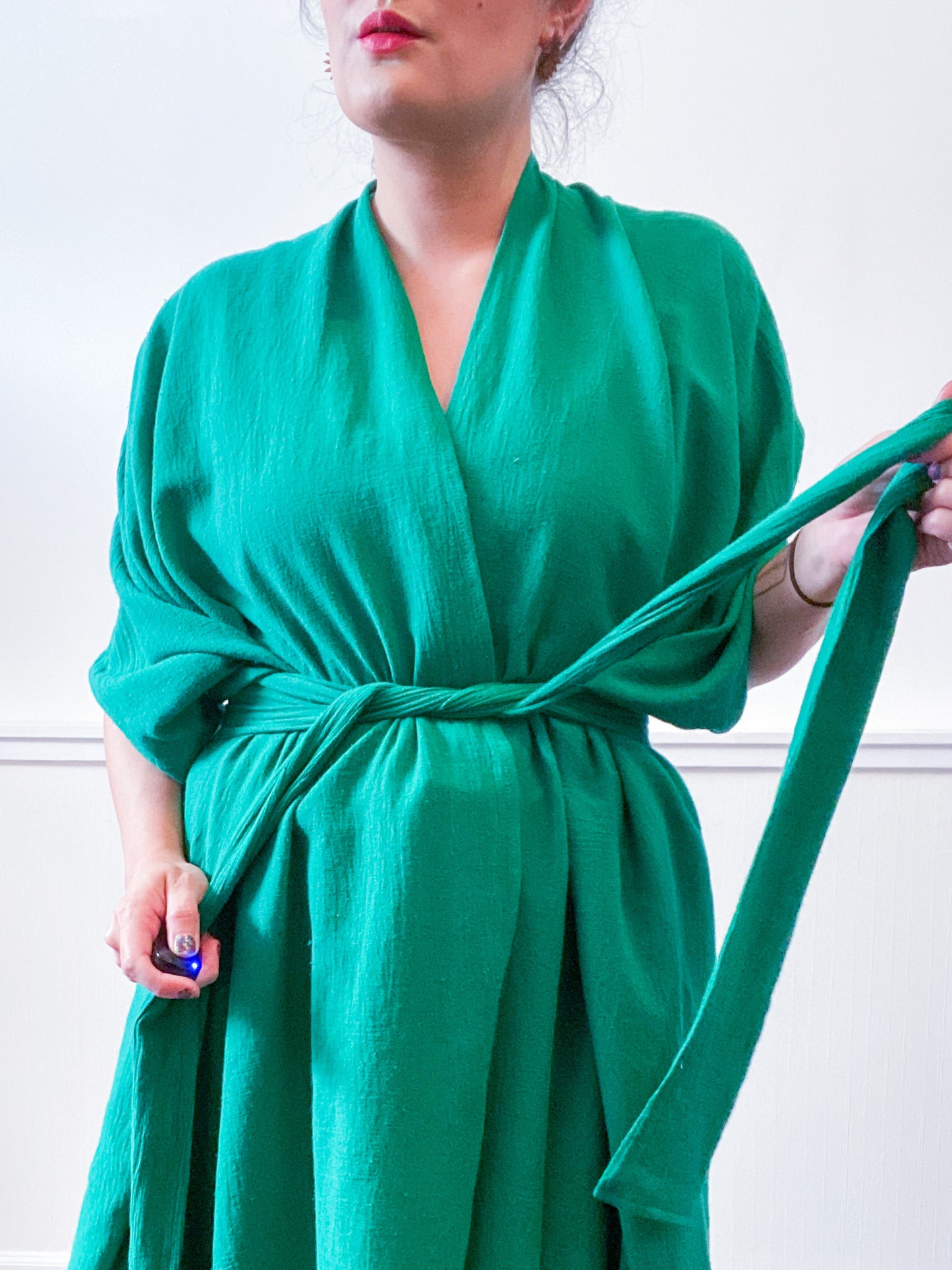 Solid High Low Kimono Emerald Cotton Gauze