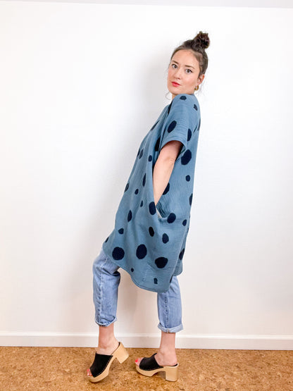 Hand-Dyed Double Gauze Smock Dress Spruce Dots