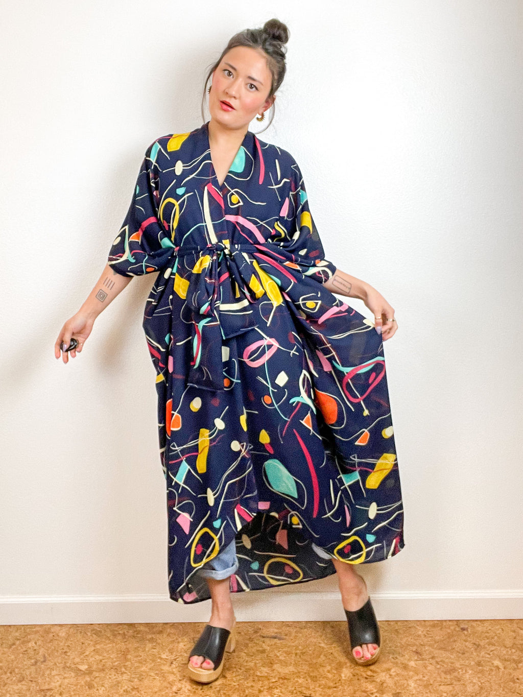 High Low Kimono Painterly Shapes Georgette