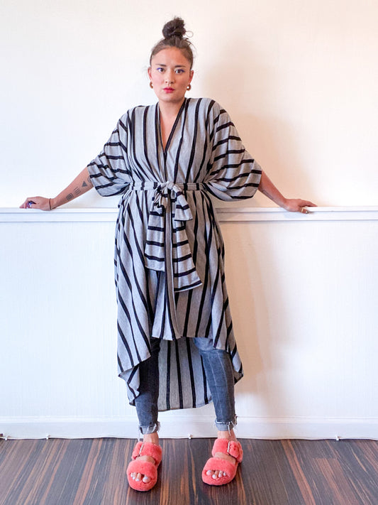 Print High Low Kimono Grey Black Stripe Knit