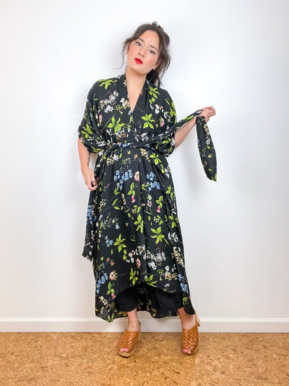 Print High Low Kimono Black Wildflower Crinkle Gauze