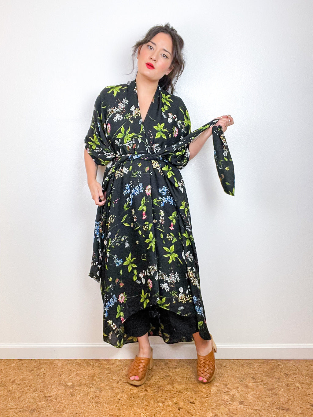 Print High Low Kimono Black Wildflower Crinkle Gauze