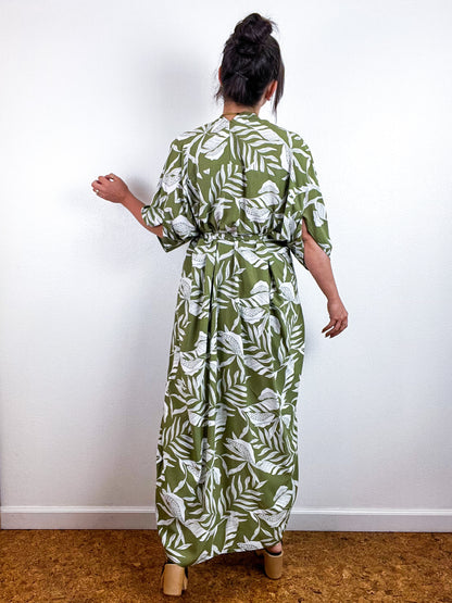 Print High Low Kimono Green Ivory Leaves Challis