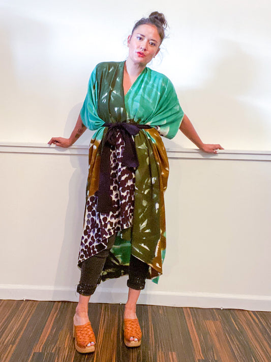 Limited Edition Hand-Dyed High Low Kimono Forest Sea Black Bronze