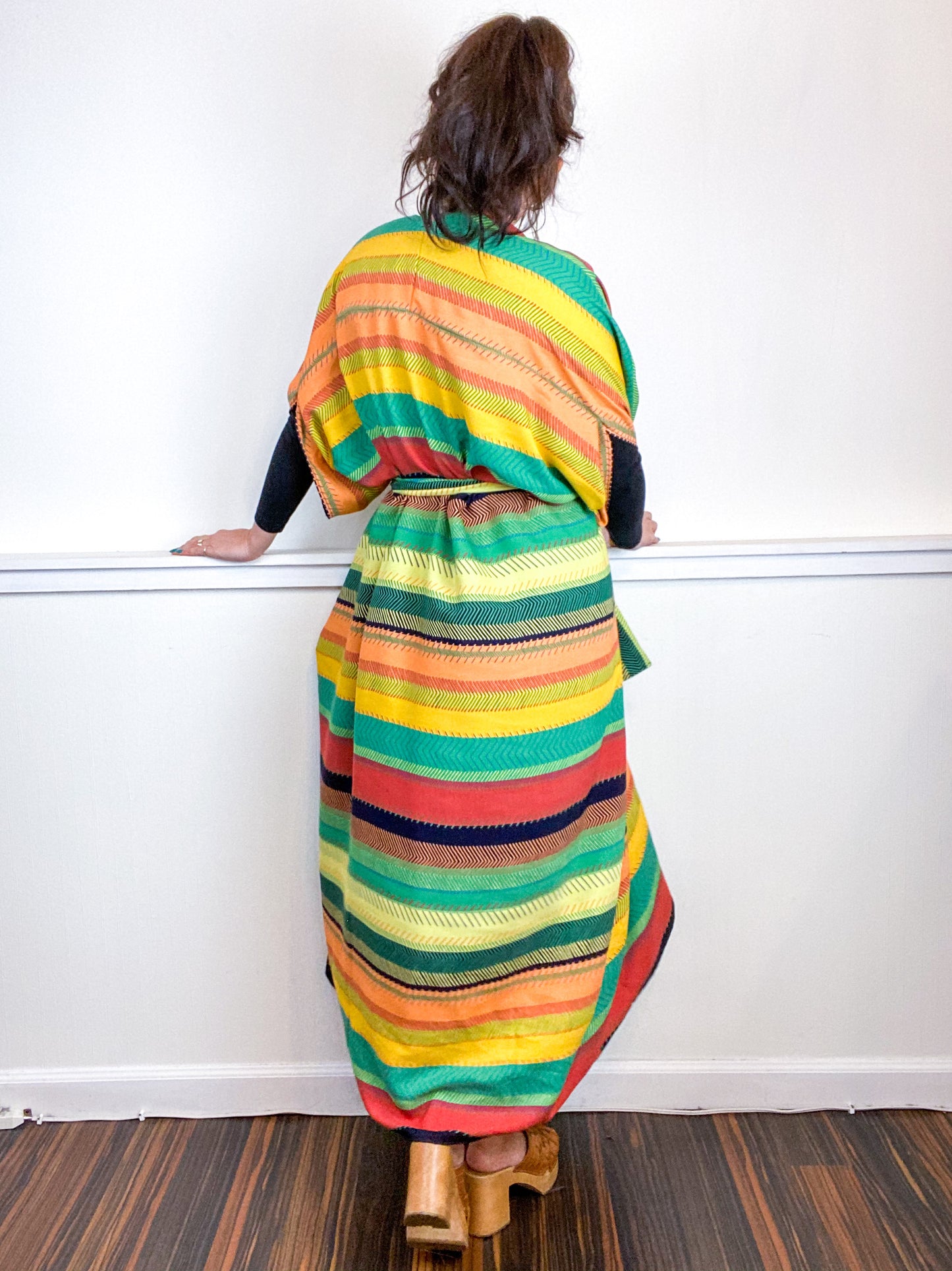 Print High Low Kimono Stitch Stripe Crepe De Chine