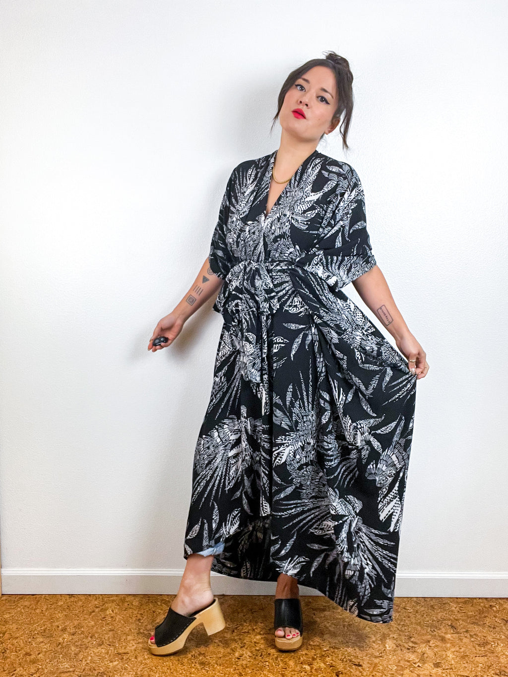 Print High Low Kimono Black Bamboo Bubble Crepe