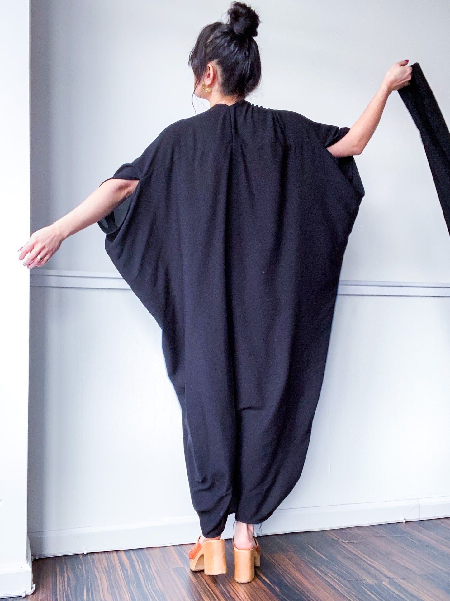 Solid High Low Kimono Black Rayon Challis