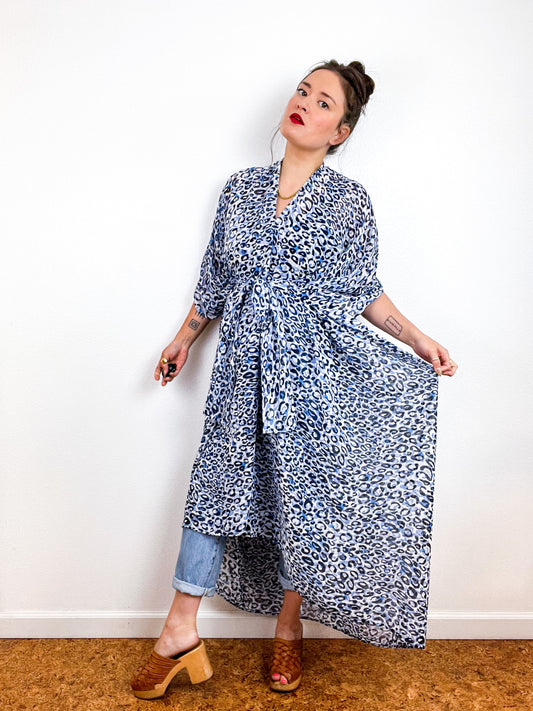 Print High Low Kimono Blue Leopard Chiffon