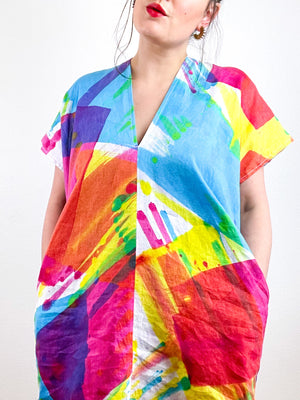 Hand-Dyed Linen Mini Smock Dress CMY Prism