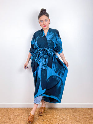 Hand-Dyed High Low Kimono Turquoise Black Brushstroke