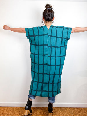 Hand-Dyed Midi Smock Dress Teal Black Windowpane