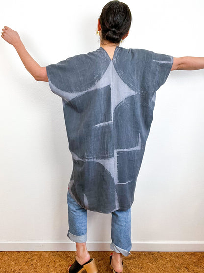 Hand-Dyed Mini Smock Dress Lavender Graphite Brushstrokes