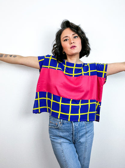Scrappy Crop Blue Yellow Pink Grid
