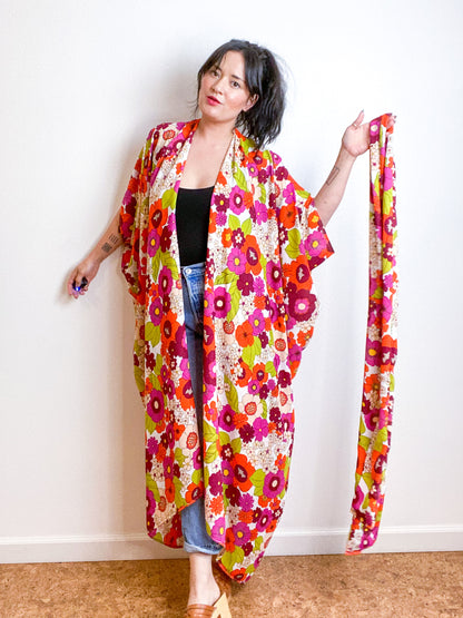 Print High Low Kimono Retro Floral Crepe