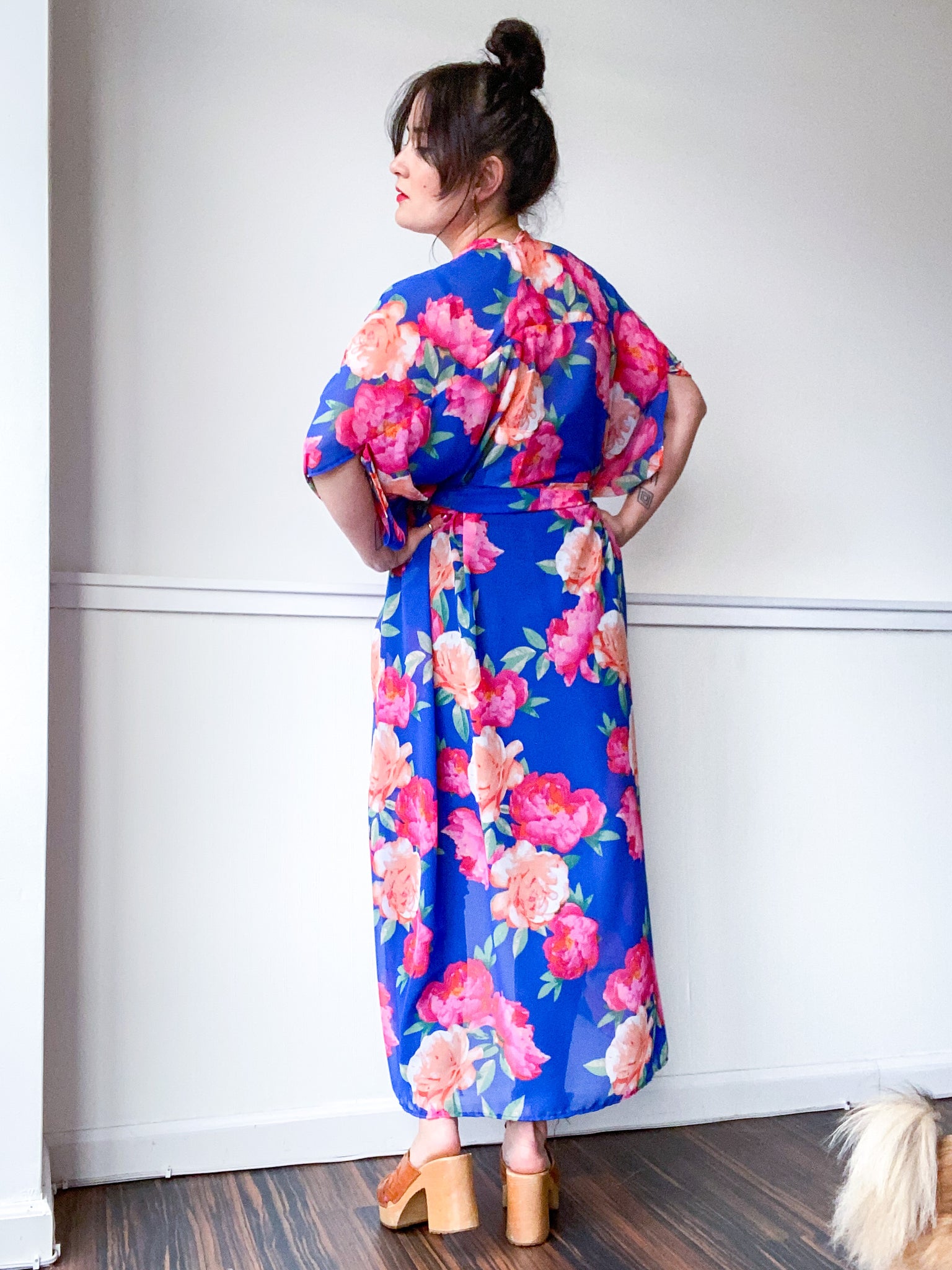 Print High Low Kimono Royal Peonies