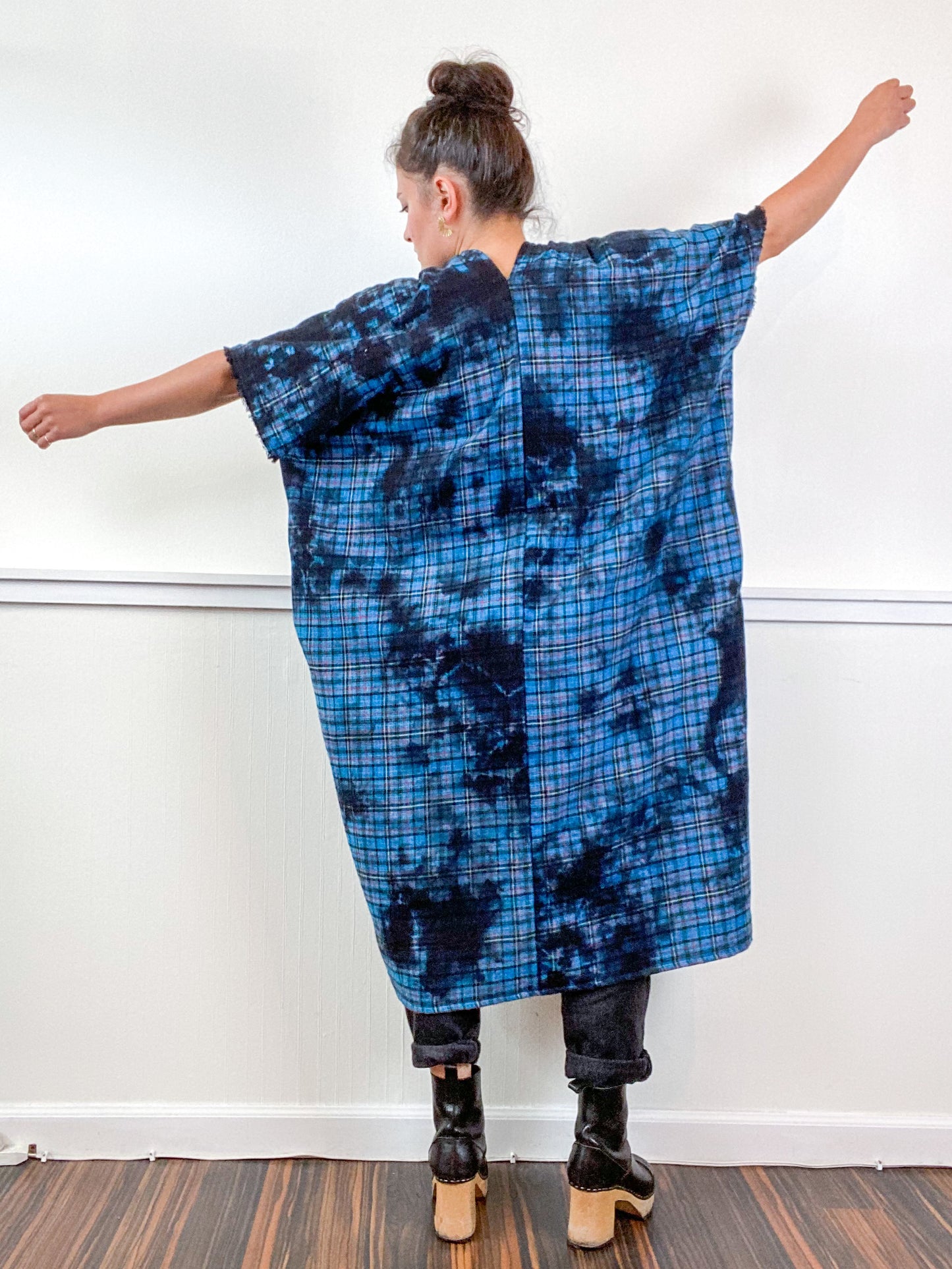 Over-Dye Plaid Smock Dress Turquoise Black Midi