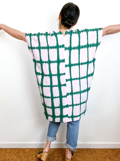 Hand-Dyed Mini Smock Dress Blush Green Windowpane