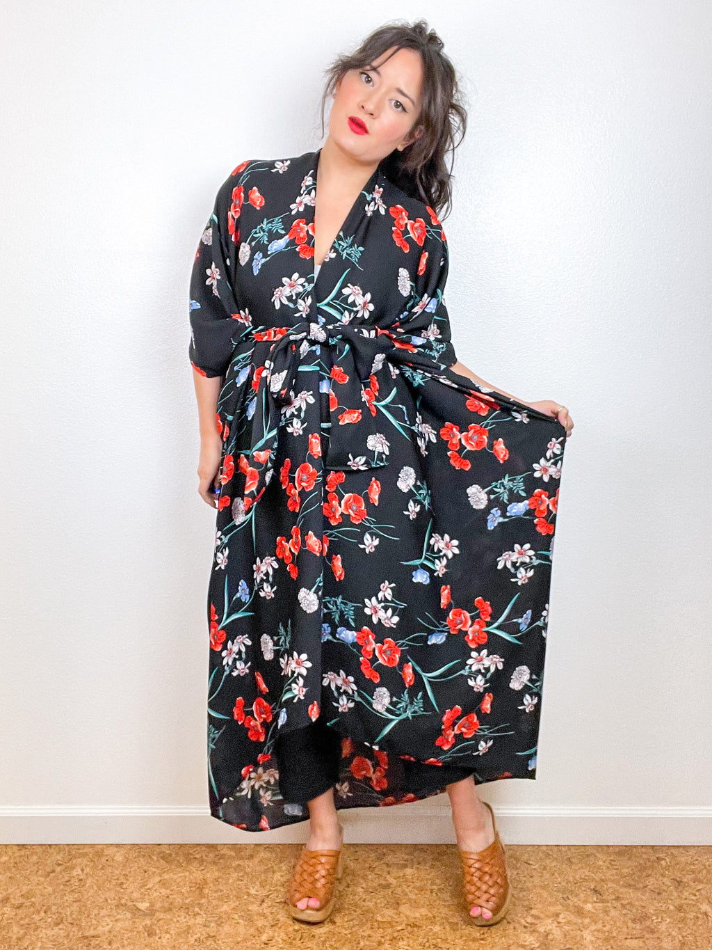 Print High Low Kimono Black Red Floral Crinkle Gauze