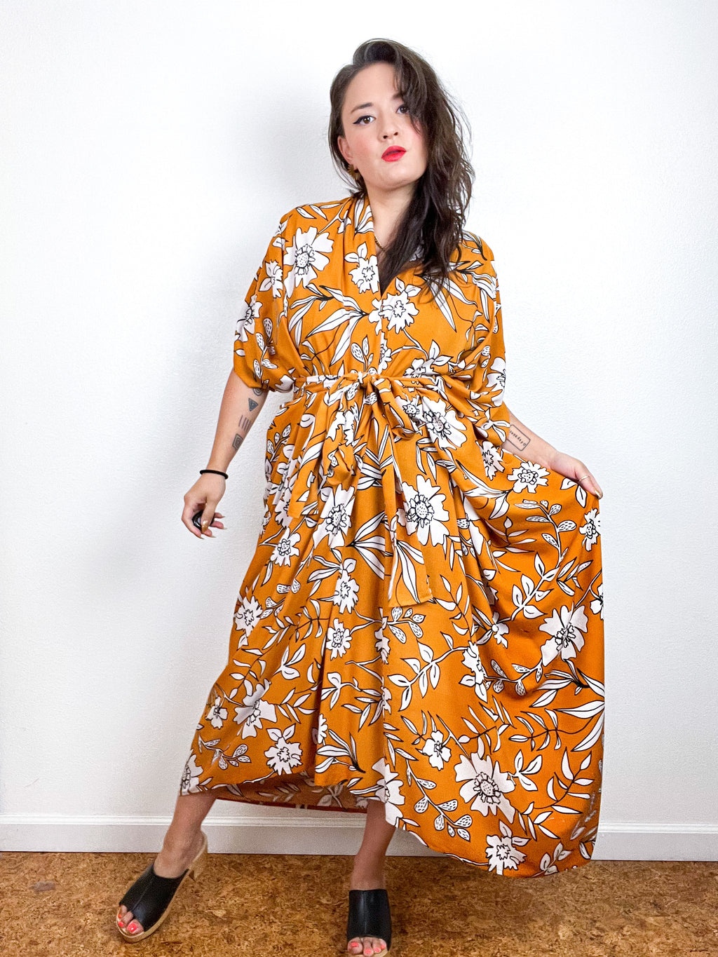 Print High Low Kimono Goldenrod Floral Challis