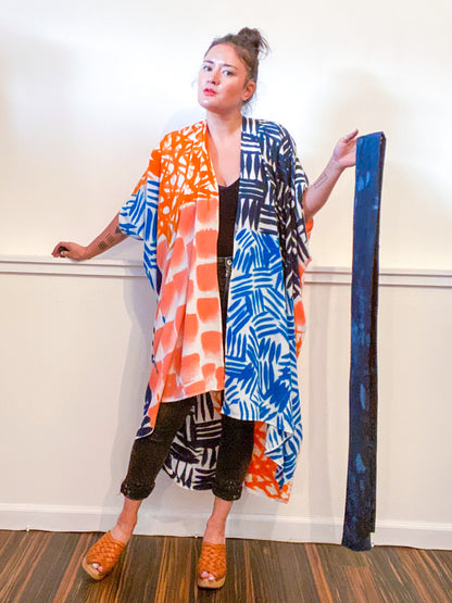 Limited Edition Hand-Dyed High Low Kimono Teal Cerulean Coral Orange