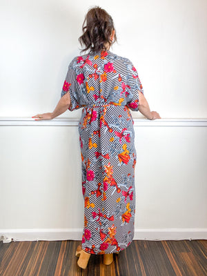 Print High Low Kimono Floral Stripes Bubble Crepe