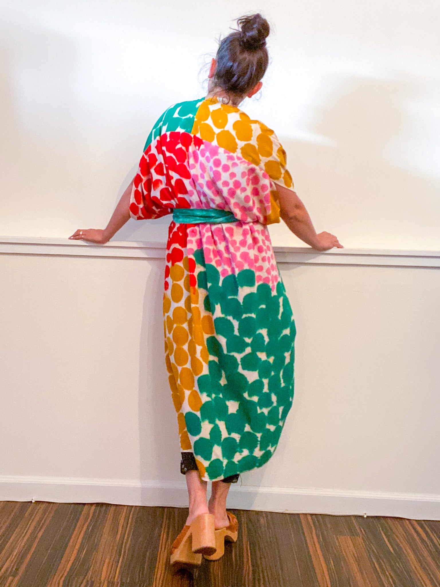 Limited Edition Hand-Dyed High Low Kimono Emerald Scarlet Pink Marigold
