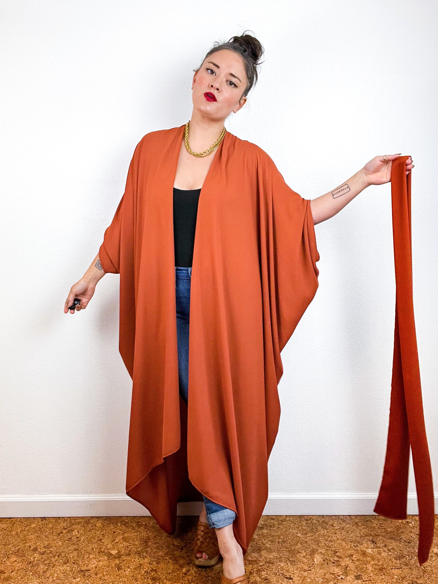 Solid High Low Kimono Rust Georgette