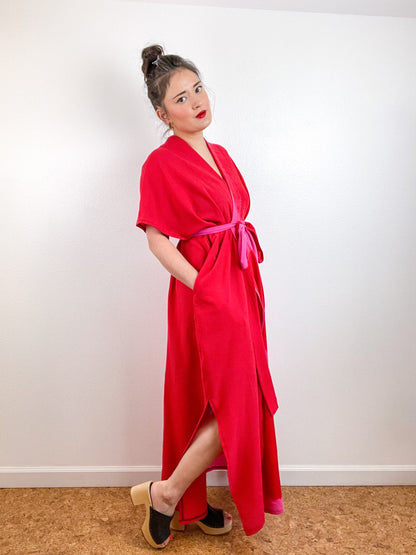 Single Gauze Duster Kimono Scarlet Fuchsia Brushstrokes