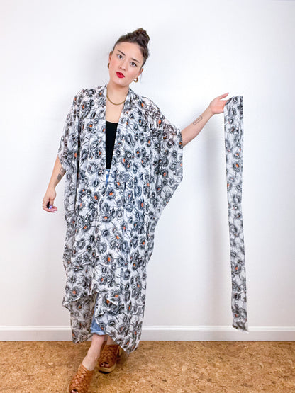 Print High Low Kimono Ivory Poppy Floral Chiffon