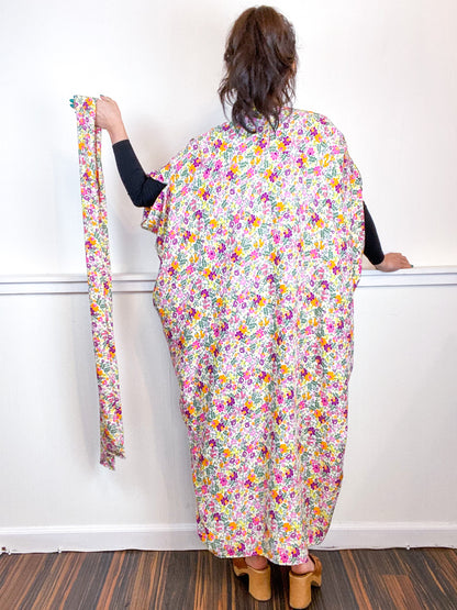 Print High Low Kimono White Mini Floral Rayon Challis