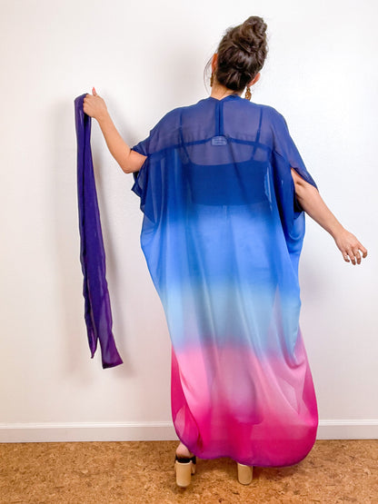 Print High Low Kimono Blue Pink Ombre Chiffon