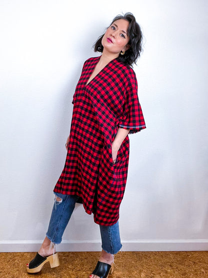 Plaid Oversized Smock Dress Red Black Check