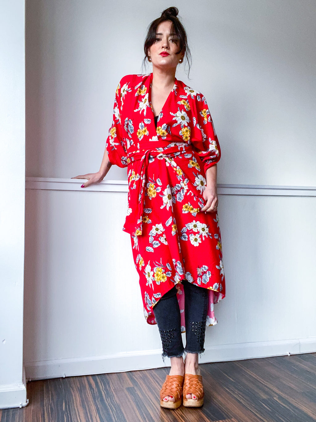 Print High Low Kimono Red Yellow Floral