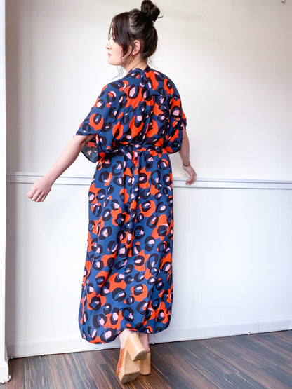 Print High Low Kimono Navy Leopard