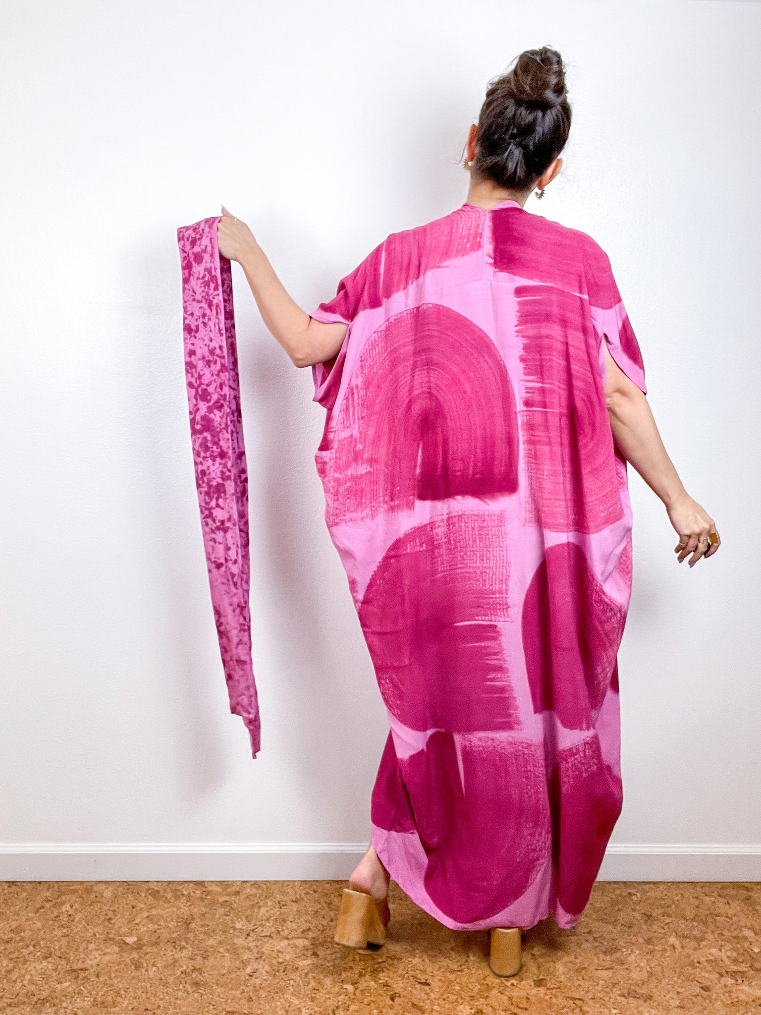 Hand-Dyed High Low Kimono Pink Magenta Brushstroke